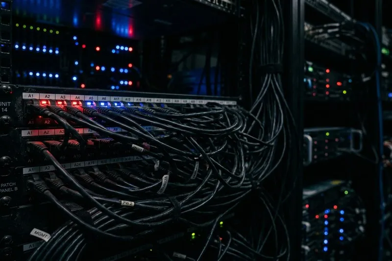 Network cables patched into a server rack in a dark data center