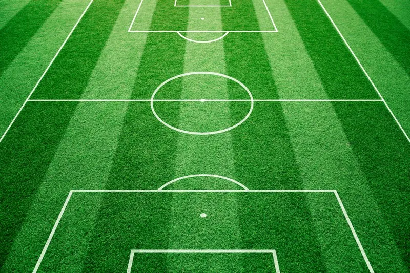 A mown football pitch seen from above, centre circle and penalty areas marked
